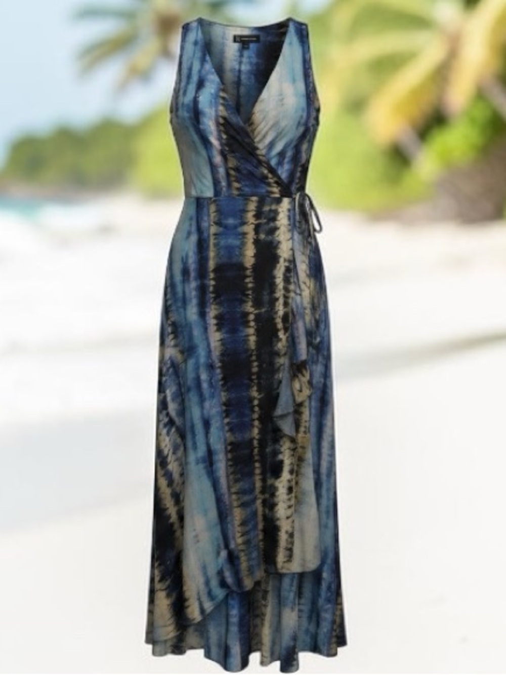 INC International Concepts Blue and Cream Tie-Dye Wrap High-Low Maxi Dress